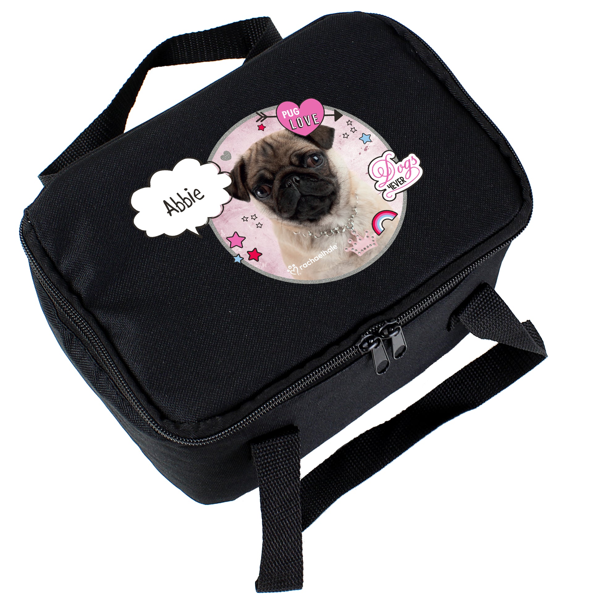 Personalised Rachael Hale Doodle Pug Black Lunch Bag - MK&JD Gifts