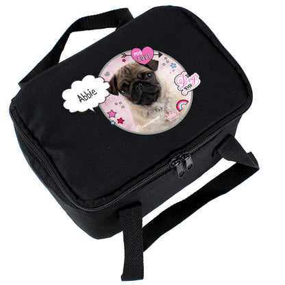 Personalised Rachael Hale Doodle Pug Black Lunch Bag - MK&JD Gifts