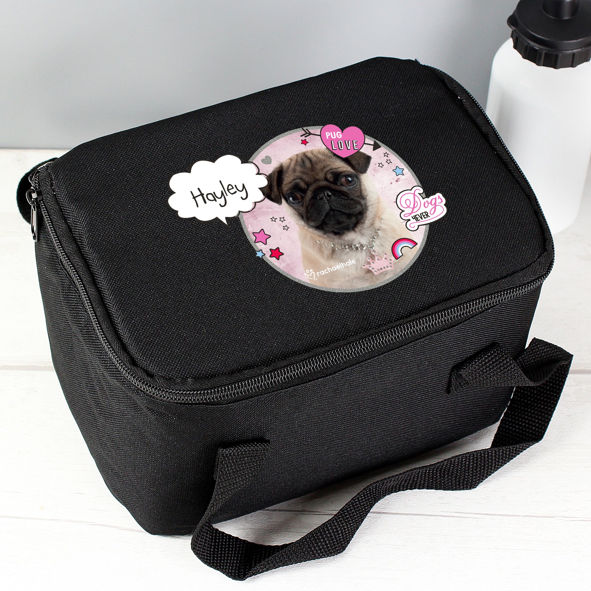 Personalised Rachael Hale Doodle Pug Black Lunch Bag - MK&JD Gifts