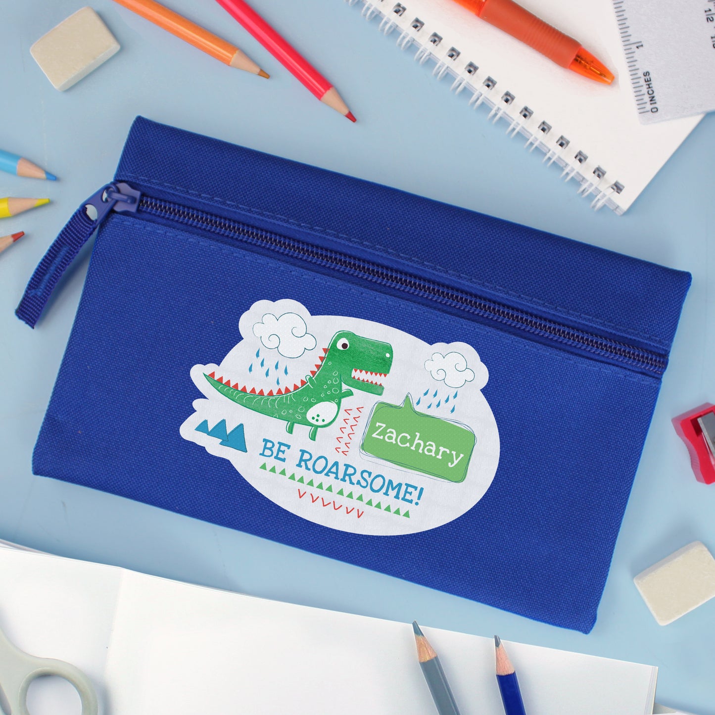 Personalised 'Be Roarsome' Dinosaur Blue Pencil Case - MK&JD Gifts