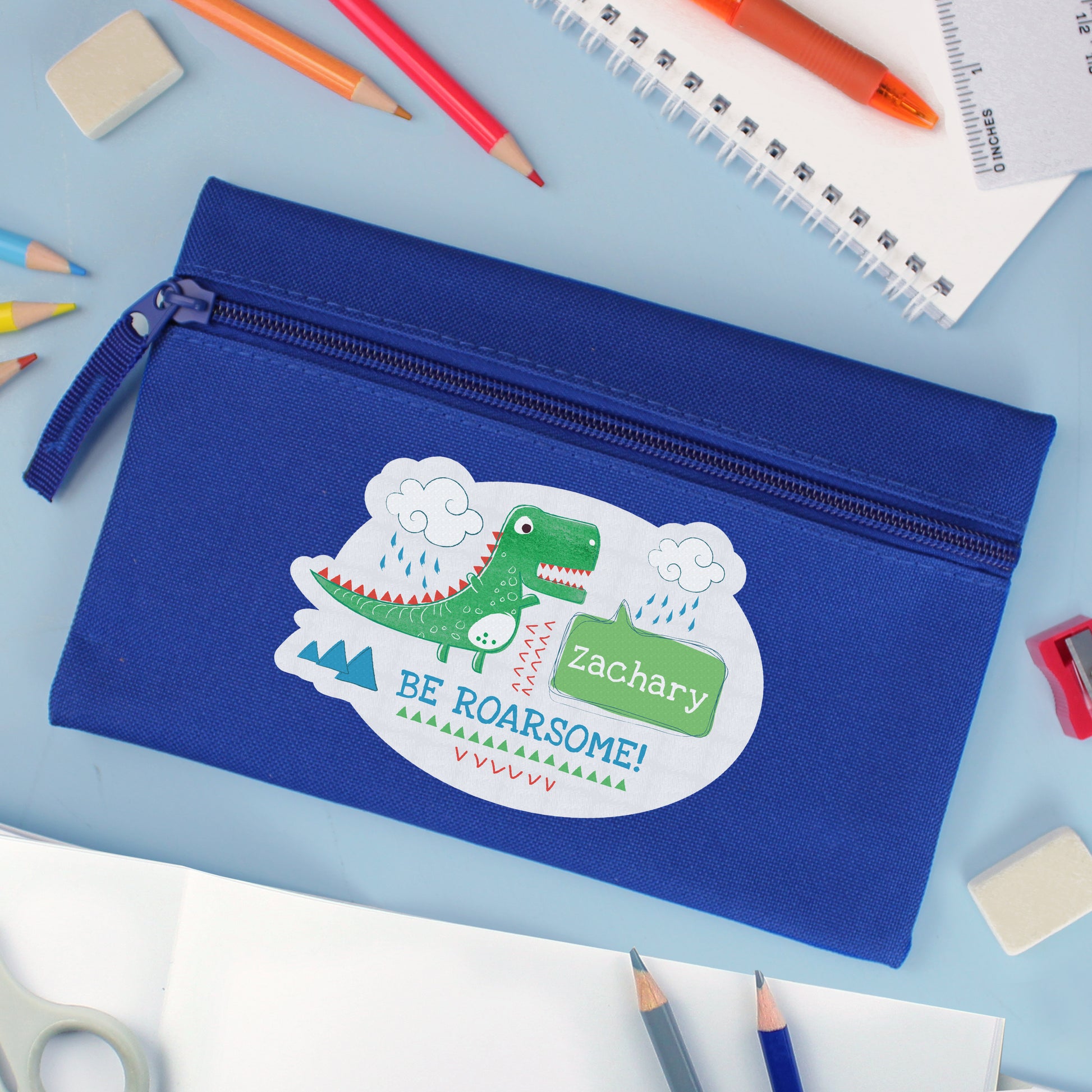Personalised 'Be Roarsome' Dinosaur Blue Pencil Case - MK&JD Gifts