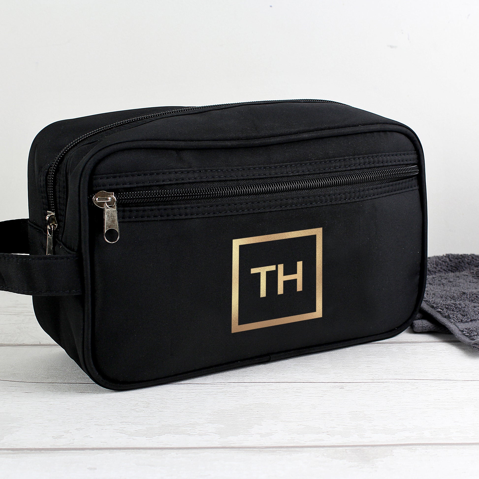 Personalised Gold Initials Black Toiletry Bag - MK&JD Gifts
