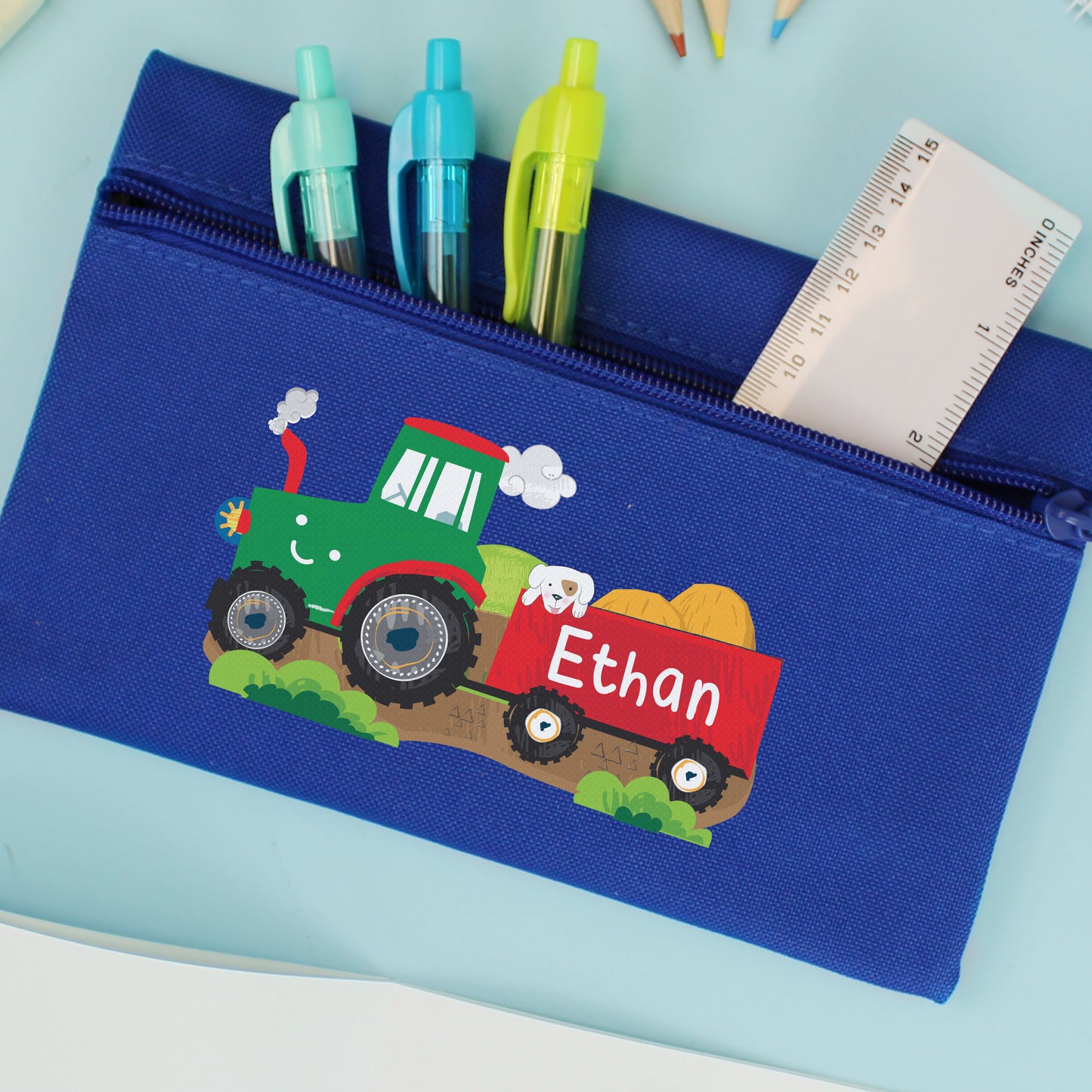Personalised Tractor Blue Pencil Case - MK&JD Gifts