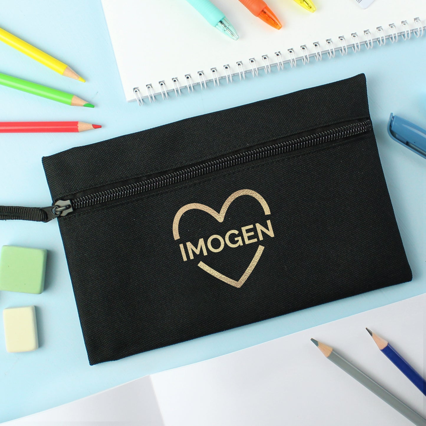 Personalised Gold Heart Black Pencil Case - MK&JD Gifts