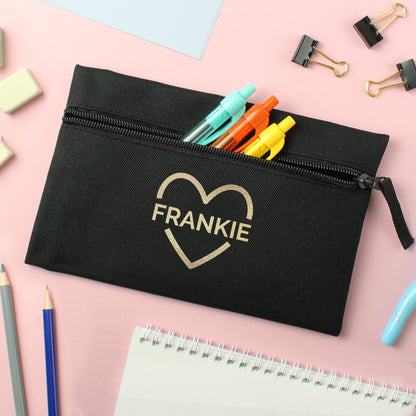 Personalised Gold Heart Black Pencil Case - MK&JD Gifts