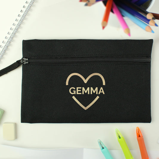 Personalised Gold Heart Black Pencil Case - MK&JD Gifts