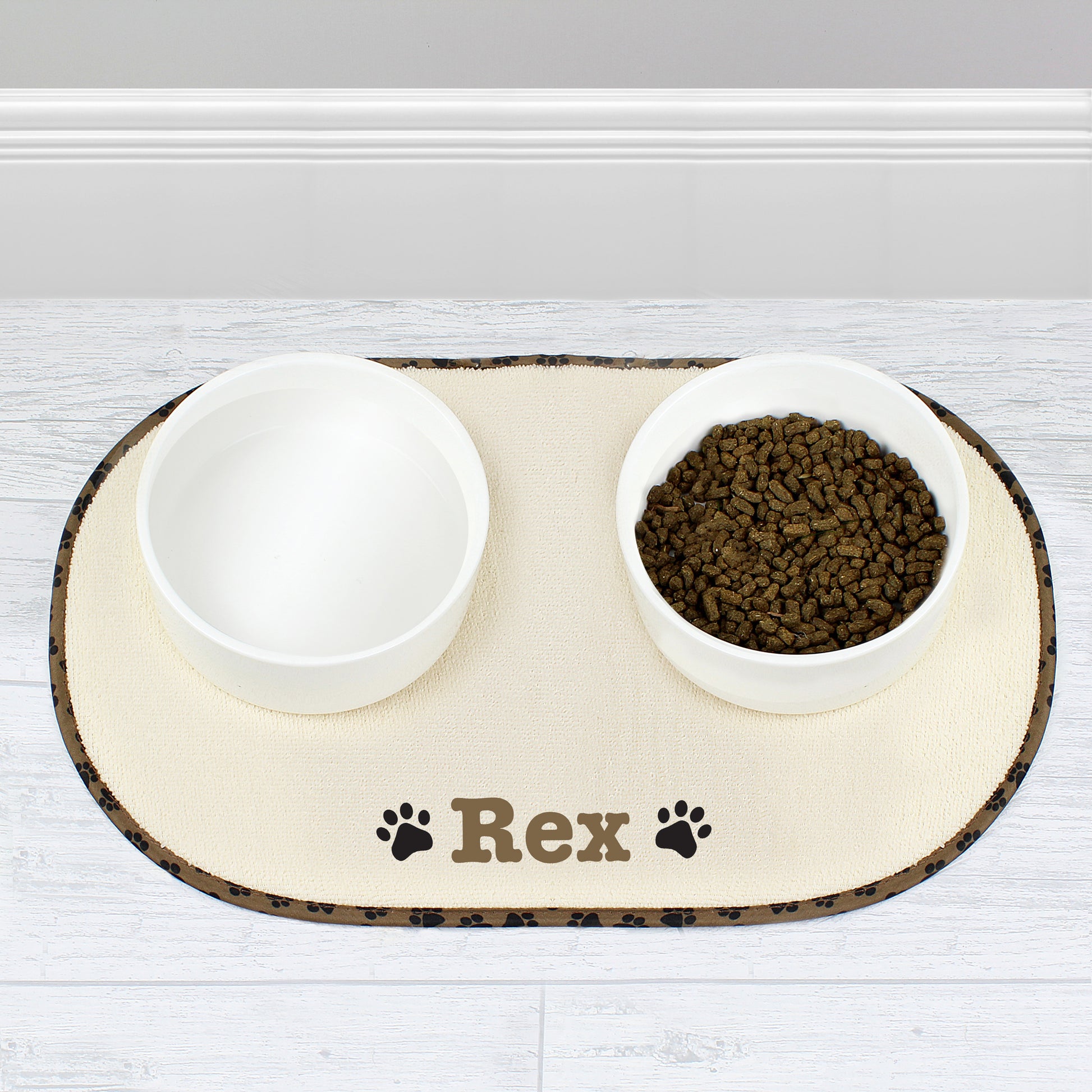 Personalised Brown Microfibre Paw Print Pet Bowl Mat - MK&JD Gifts