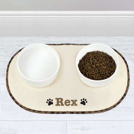 Personalised Brown Microfibre Paw Print Pet Bowl Mat - MK&JD Gifts