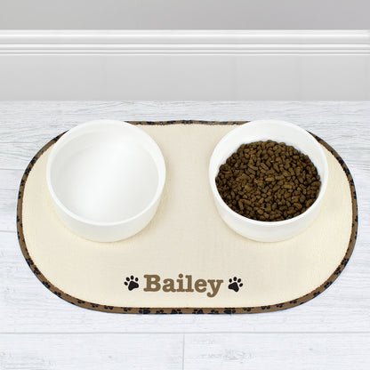 Personalised Brown Microfibre Paw Print Pet Bowl Mat - MK&JD Gifts