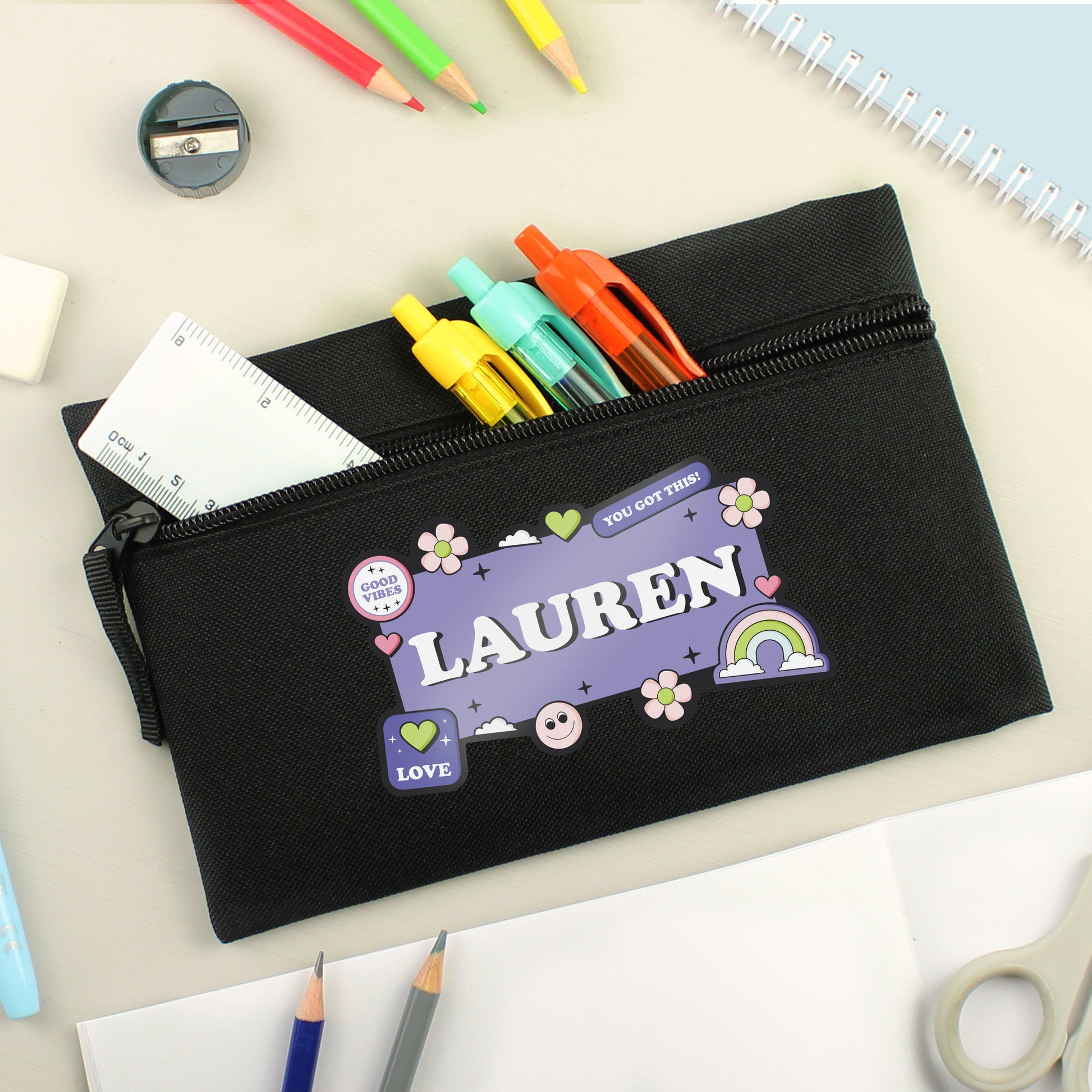 Personalised Good Vibes Black Pencil Case - MK&JD Gifts