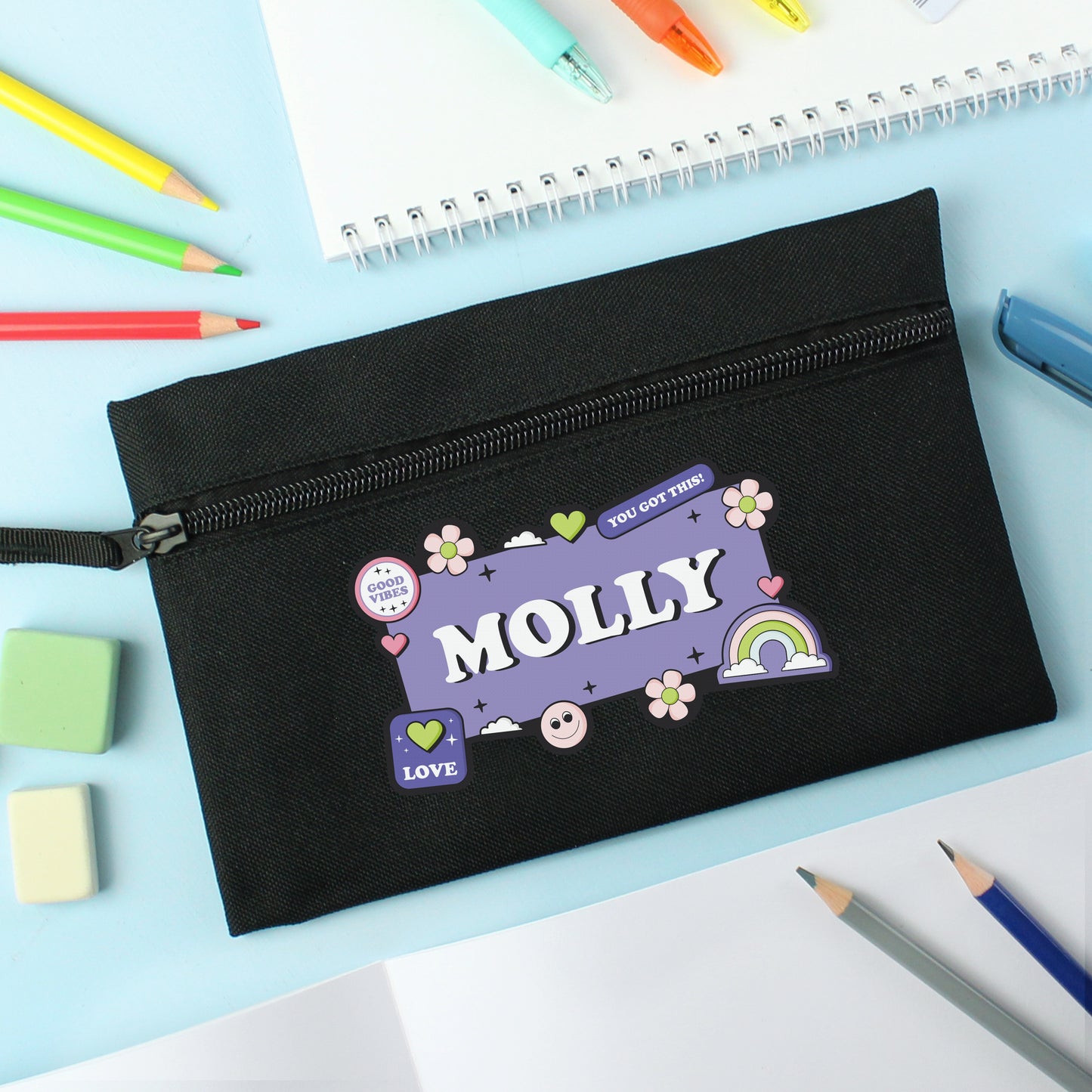 Personalised Good Vibes Black Pencil Case - MK&JD Gifts