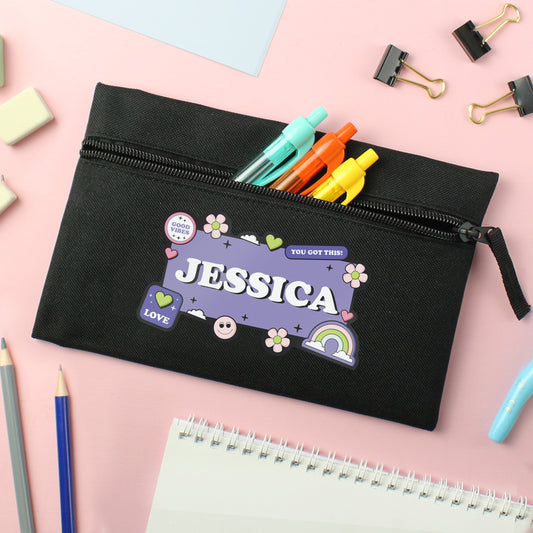 Personalised Good Vibes Black Pencil Case - MK&JD Gifts