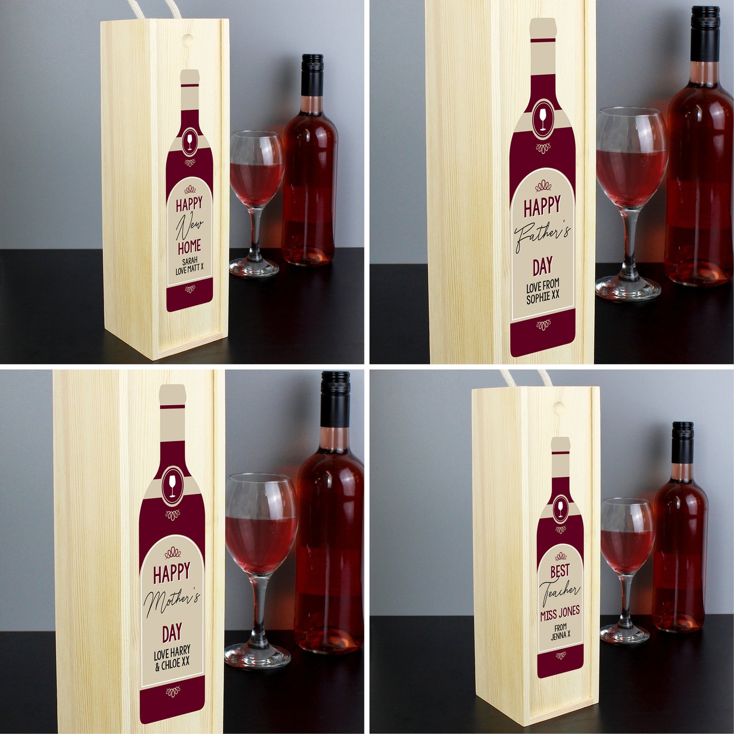 Personalised Free Text Red Wooden Wine Bottle Box - MK&JD Gifts