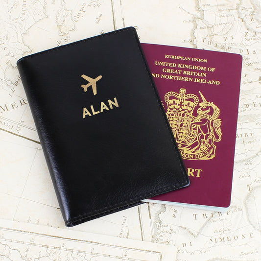 Personalised Gold Name Black Passport Holder - MK&JD Gifts