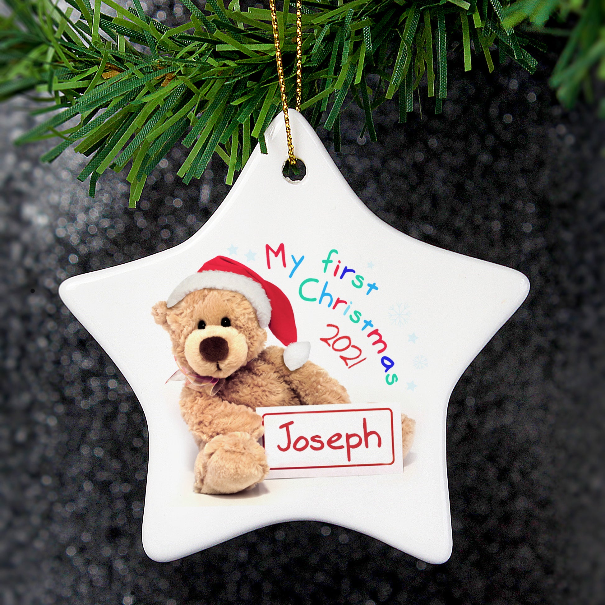 Personalised My First Christmas Teddy Ceramic Star Decoration - MK&JD Gifts