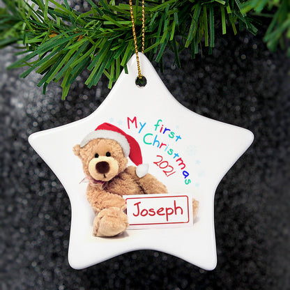 Personalised My First Christmas Teddy Ceramic Star Decoration - MK&JD Gifts