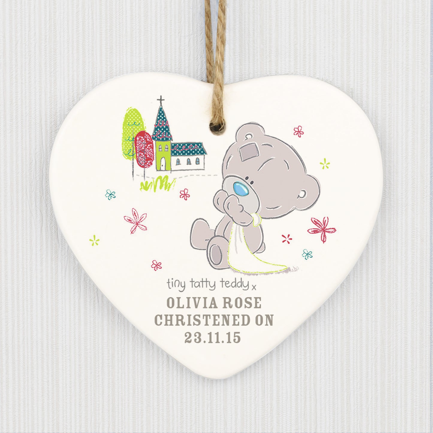Personalised Tiny Tatty Teddy Christening Ceramic Heart Decoration - MK&JD Gifts