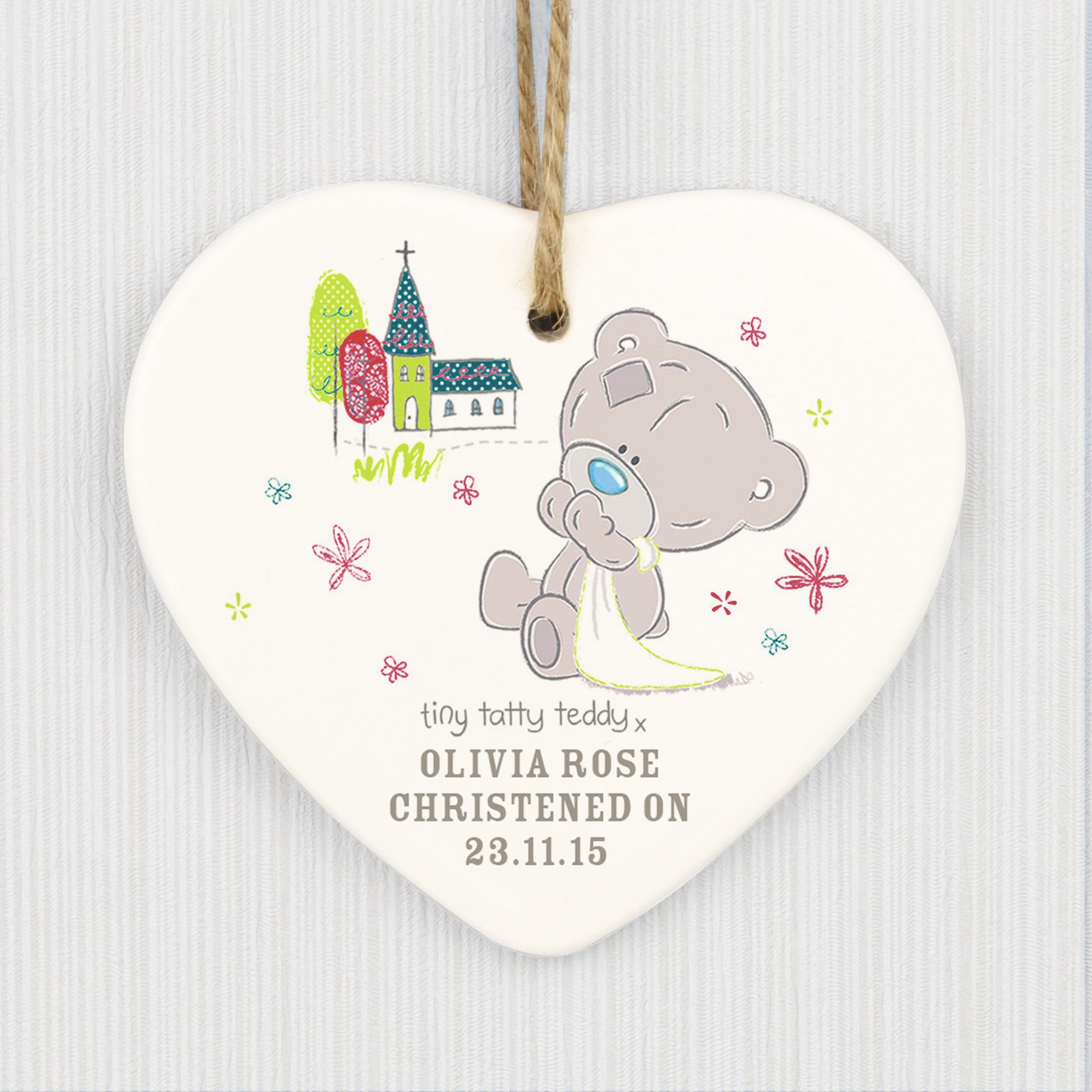 Personalised Tiny Tatty Teddy Christening Ceramic Heart Decoration - MK&JD Gifts