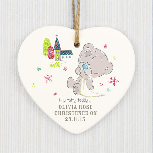 Personalised Tiny Tatty Teddy Christening Ceramic Heart Decoration - MK&JD Gifts