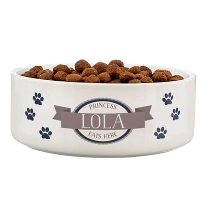 Personalised Blue Paws 14cm Medium White Pet Bowl - MK&JD Gifts