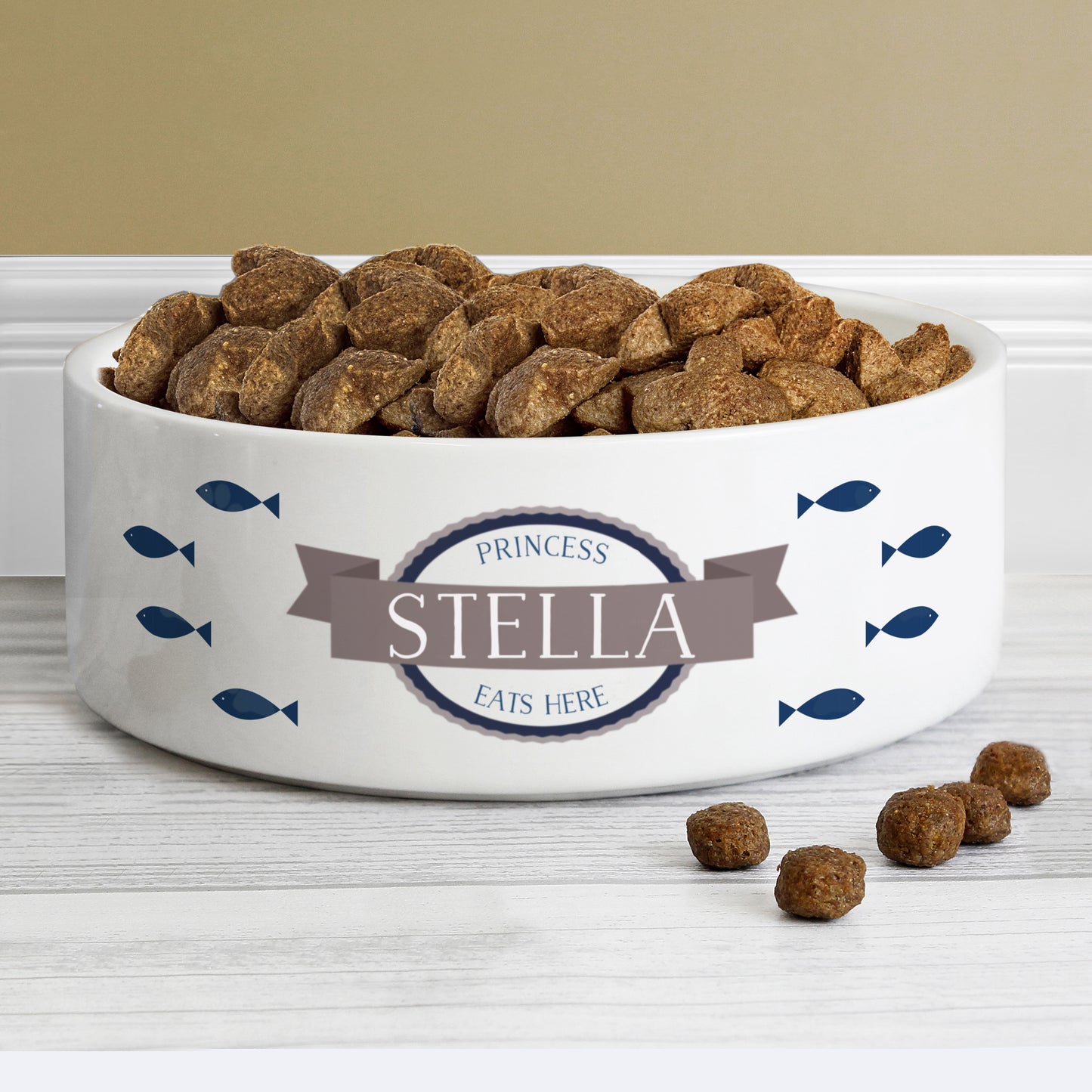 Personalised Blue Fish 14cm Medium White Pet Bowl - MK&JD Gifts