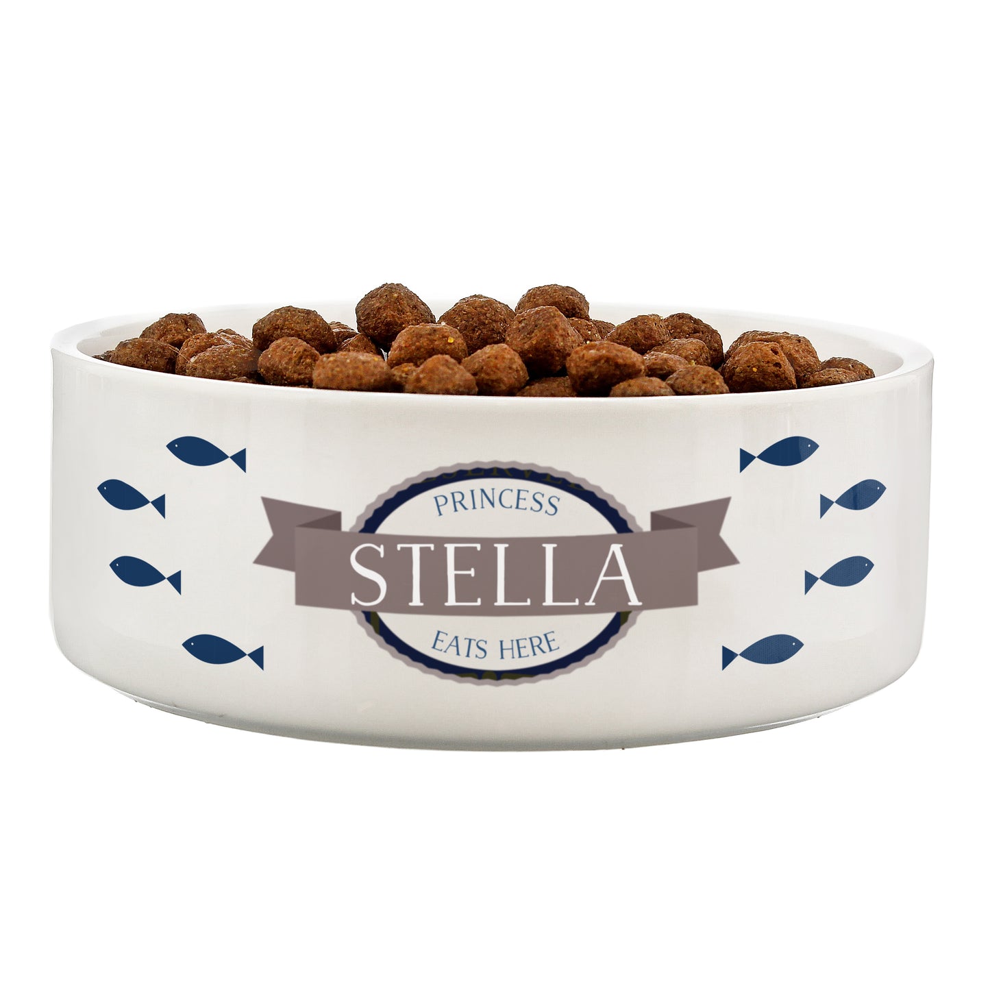 Personalised Blue Fish 14cm Medium White Pet Bowl - MK&JD Gifts