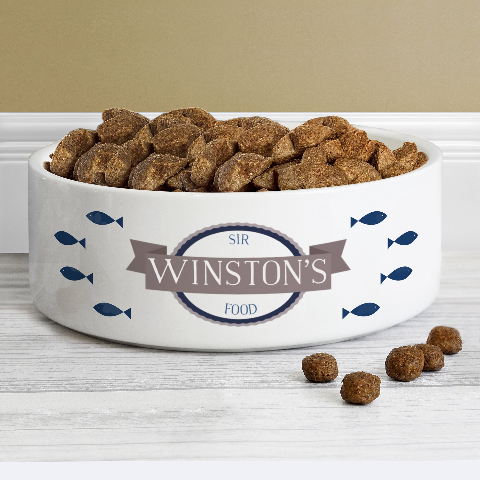 Personalised Blue Fish 14cm Medium White Pet Bowl - MK&JD Gifts