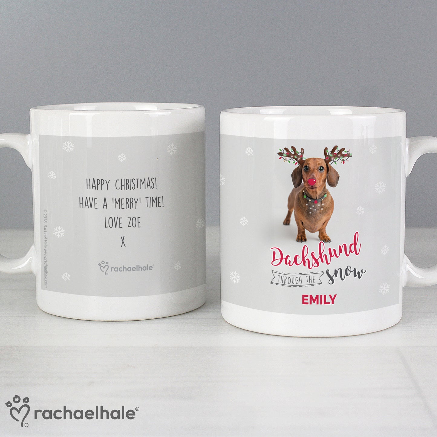 Personalised Rachael Hale Christmas Dachshund Through the Snow Mug - MK&JD Gifts