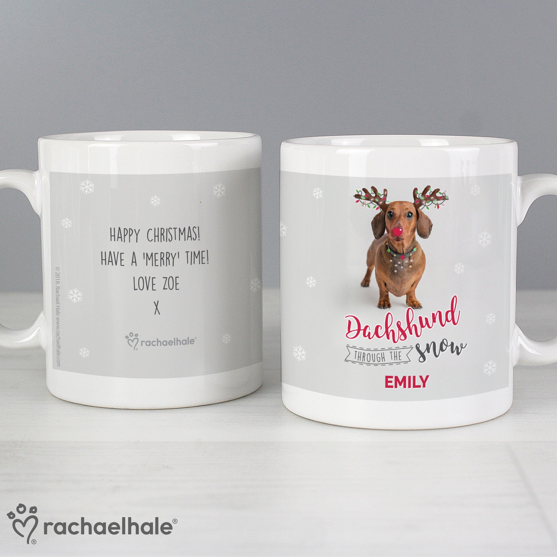 Personalised Rachael Hale Christmas Dachshund Through the Snow Mug - MK&JD Gifts
