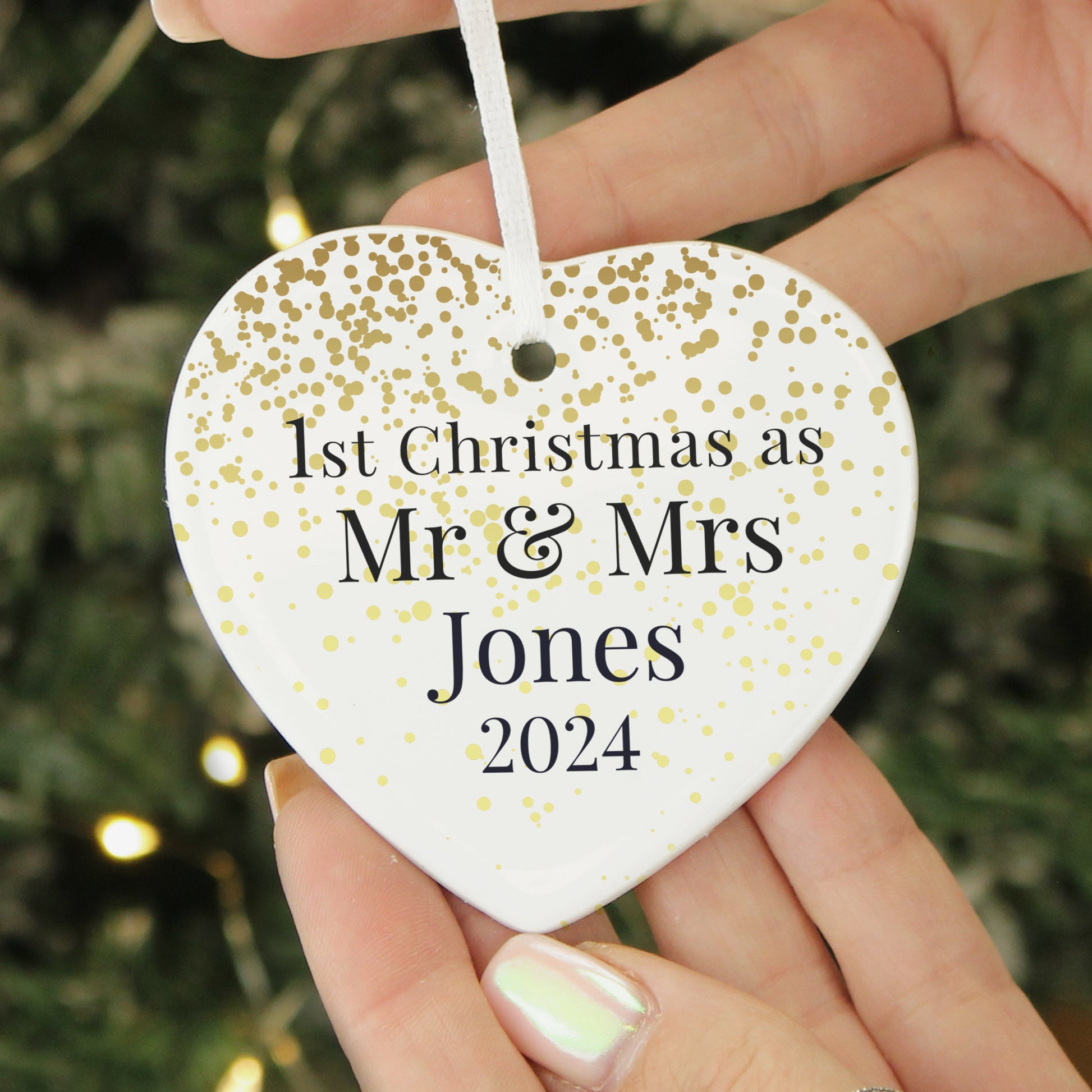 Personalised Mr and Mrs 1st Christmas Ceramic Heart Decoration - MK&JD Gifts