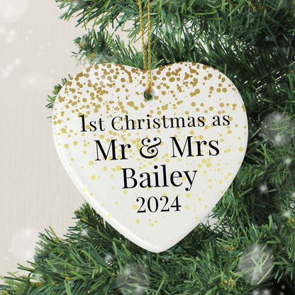 Personalised Mr and Mrs 1st Christmas Ceramic Heart Decoration - MK&JD Gifts