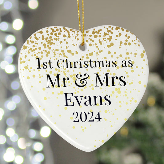 Personalised Mr and Mrs 1st Christmas Ceramic Heart Decoration - MK&JD Gifts