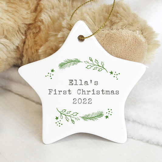 Personalised Christmas Holly Ceramic Star Decoration - MK&JD Gifts