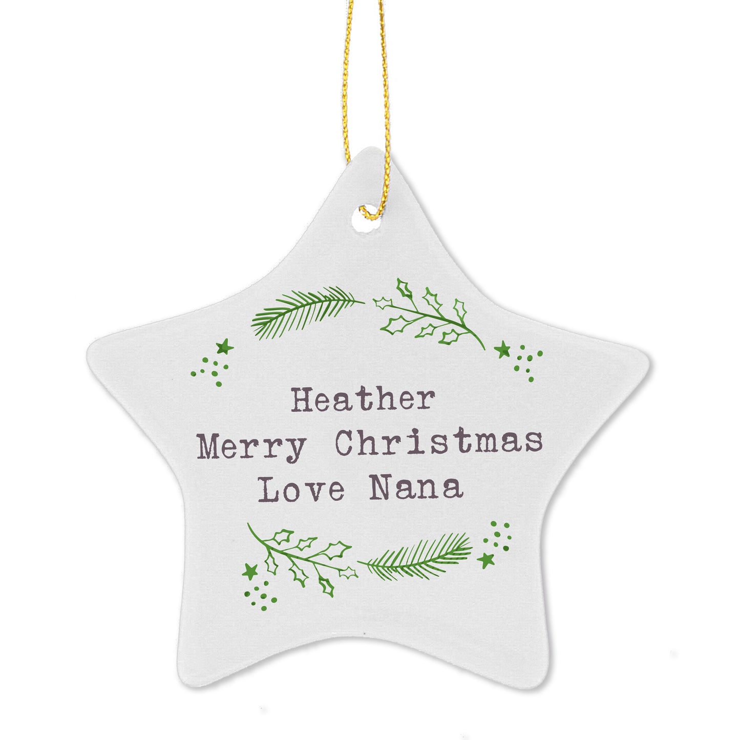 Personalised Christmas Holly Ceramic Star Decoration - MK&JD Gifts
