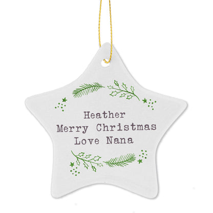 Personalised Christmas Holly Ceramic Star Decoration - MK&JD Gifts