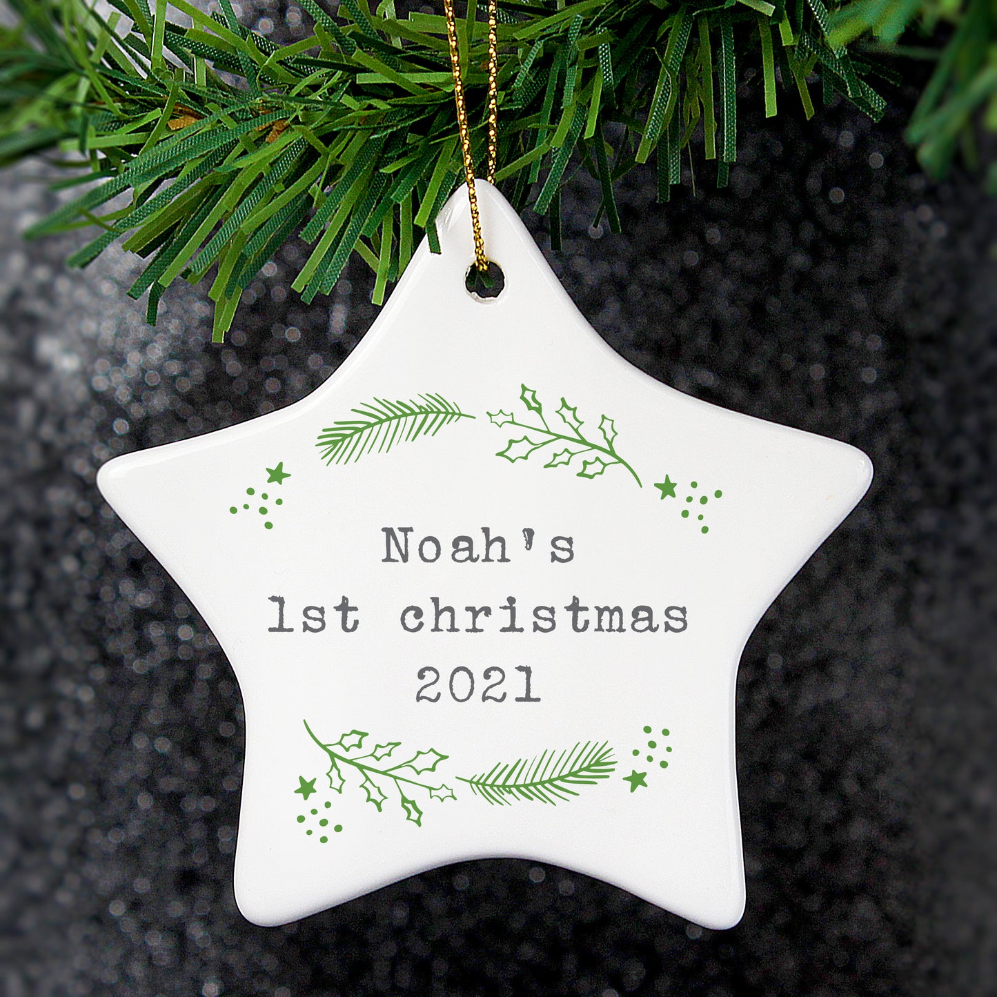 Personalised Christmas Holly Ceramic Star Decoration - MK&JD Gifts