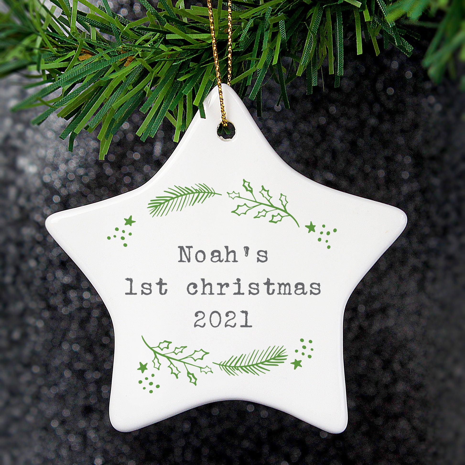 Personalised Christmas Holly Ceramic Star Decoration - MK&JD Gifts