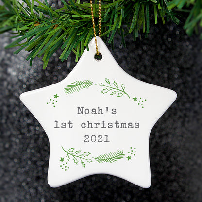 Personalised Christmas Holly Ceramic Star Decoration - MK&JD Gifts