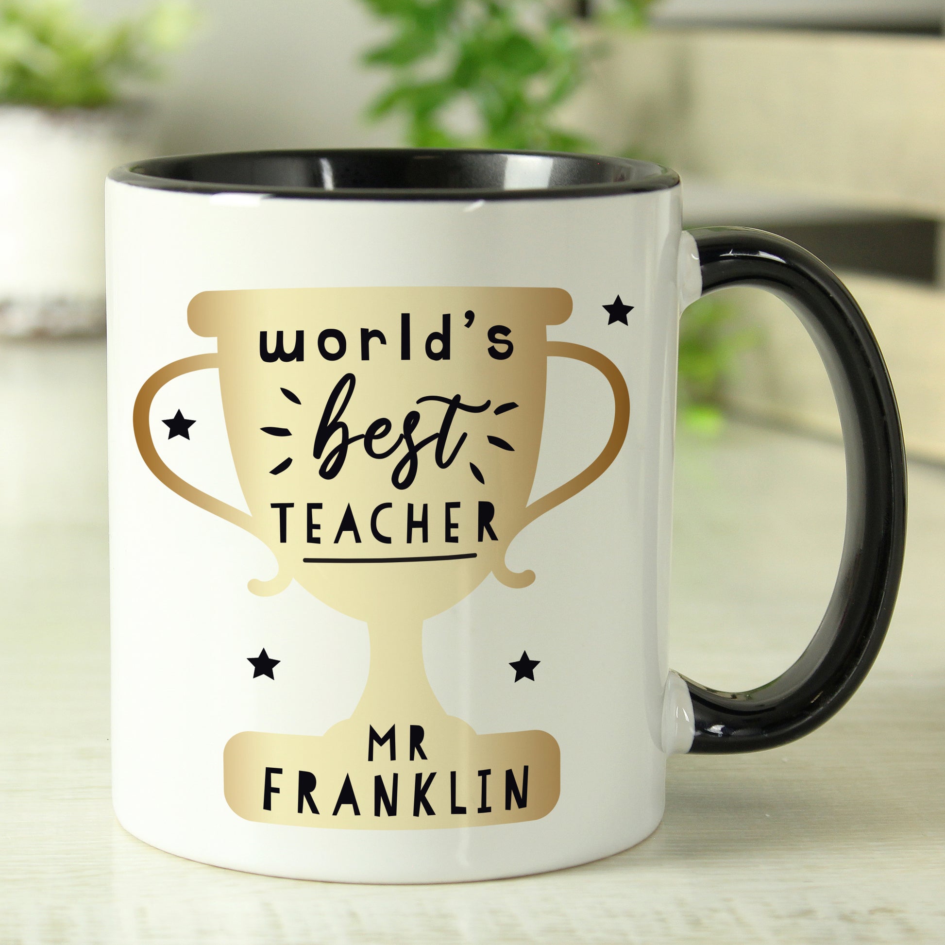 Personalised World's Best Teacher Trophy Black Handled Mug - MK&JD Gifts