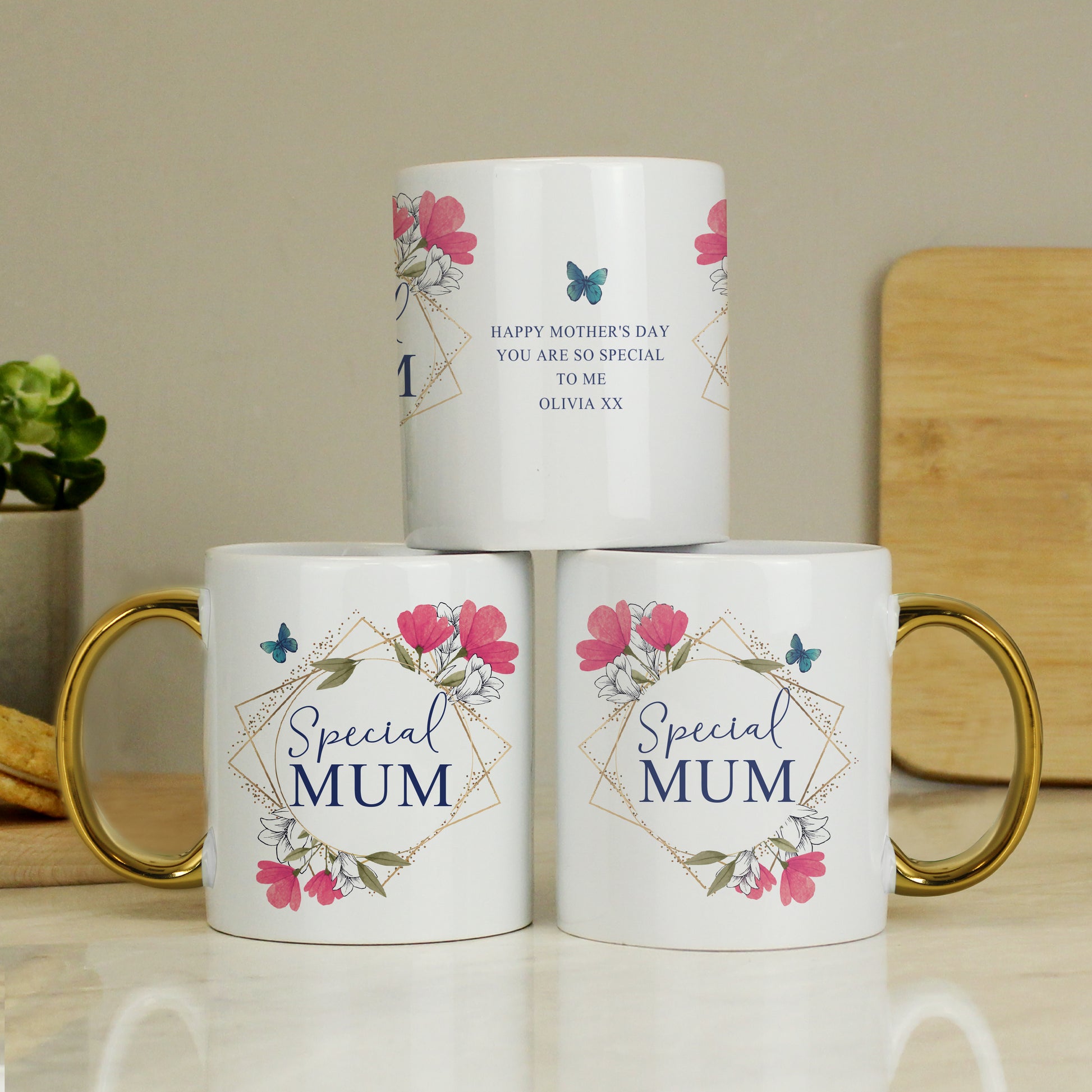 Personalised Geometric Floral Gold Handle Mug - MK&JD Gifts