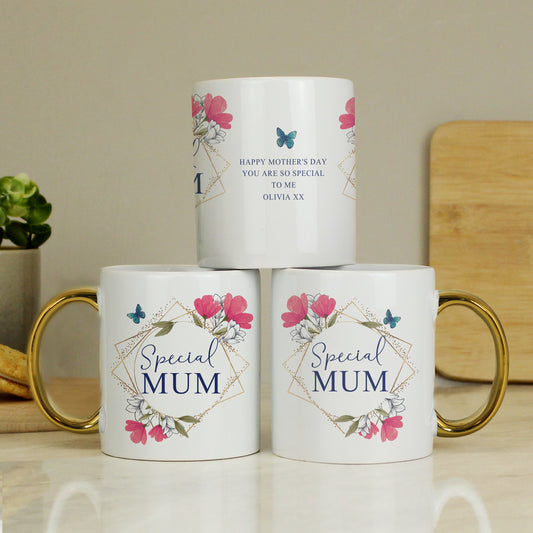 Personalised Geometric Floral Gold Handle Mug - MK&JD Gifts