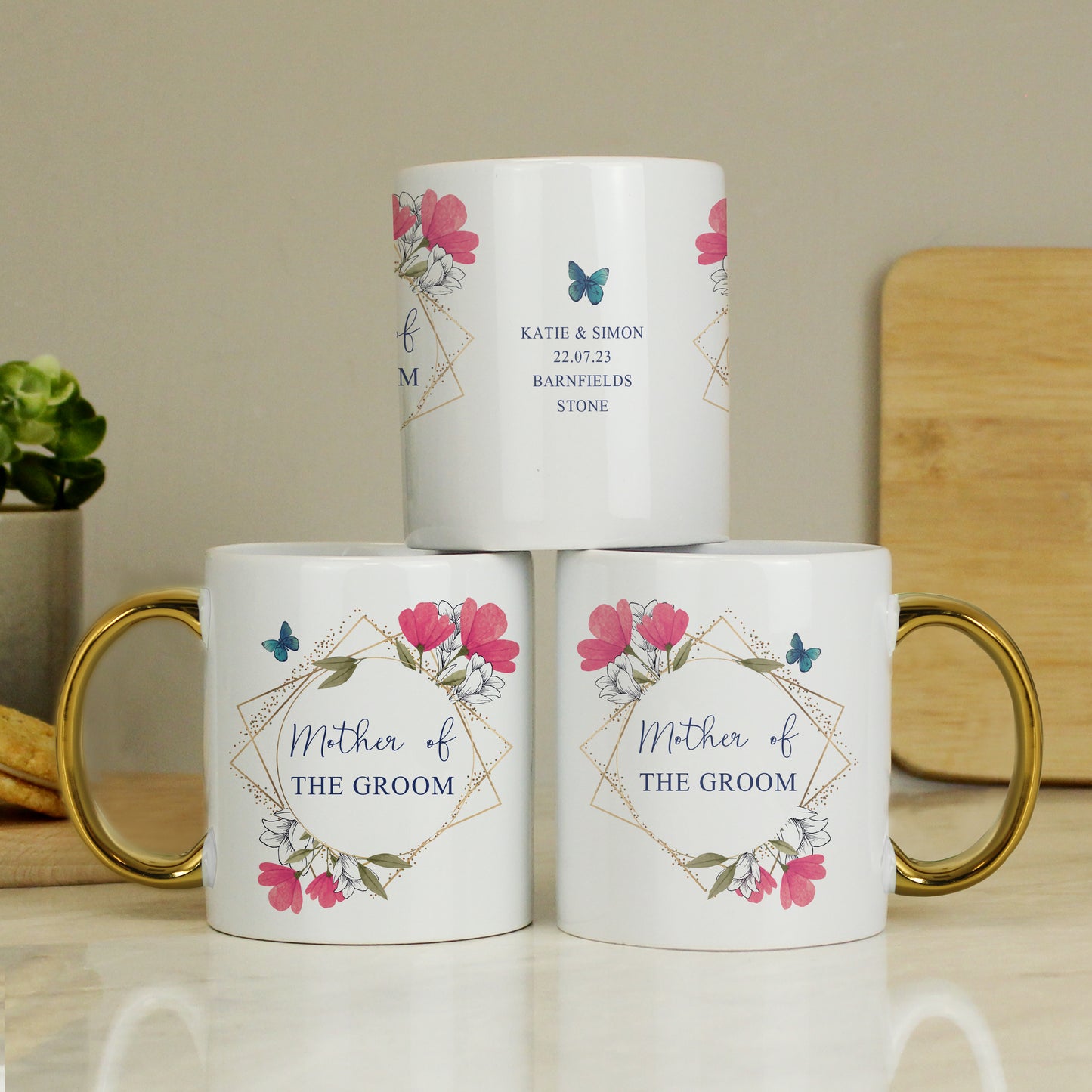 Personalised Geometric Floral Gold Handle Mug - MK&JD Gifts