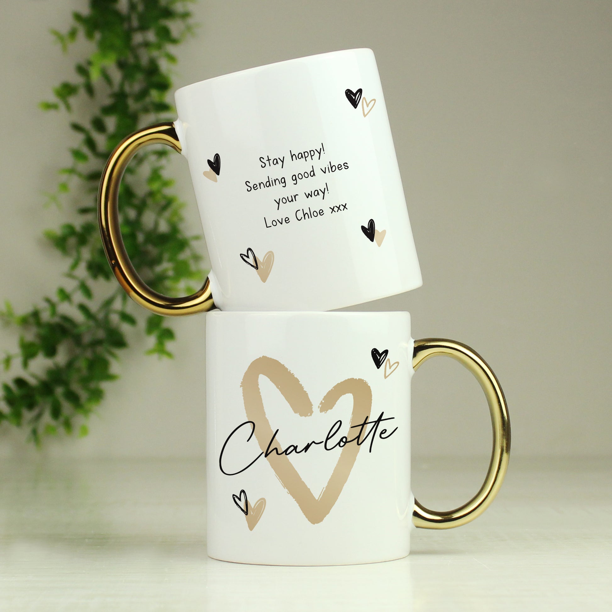 Personalised Hearts Gold Handled Mug - MK&JD Gifts