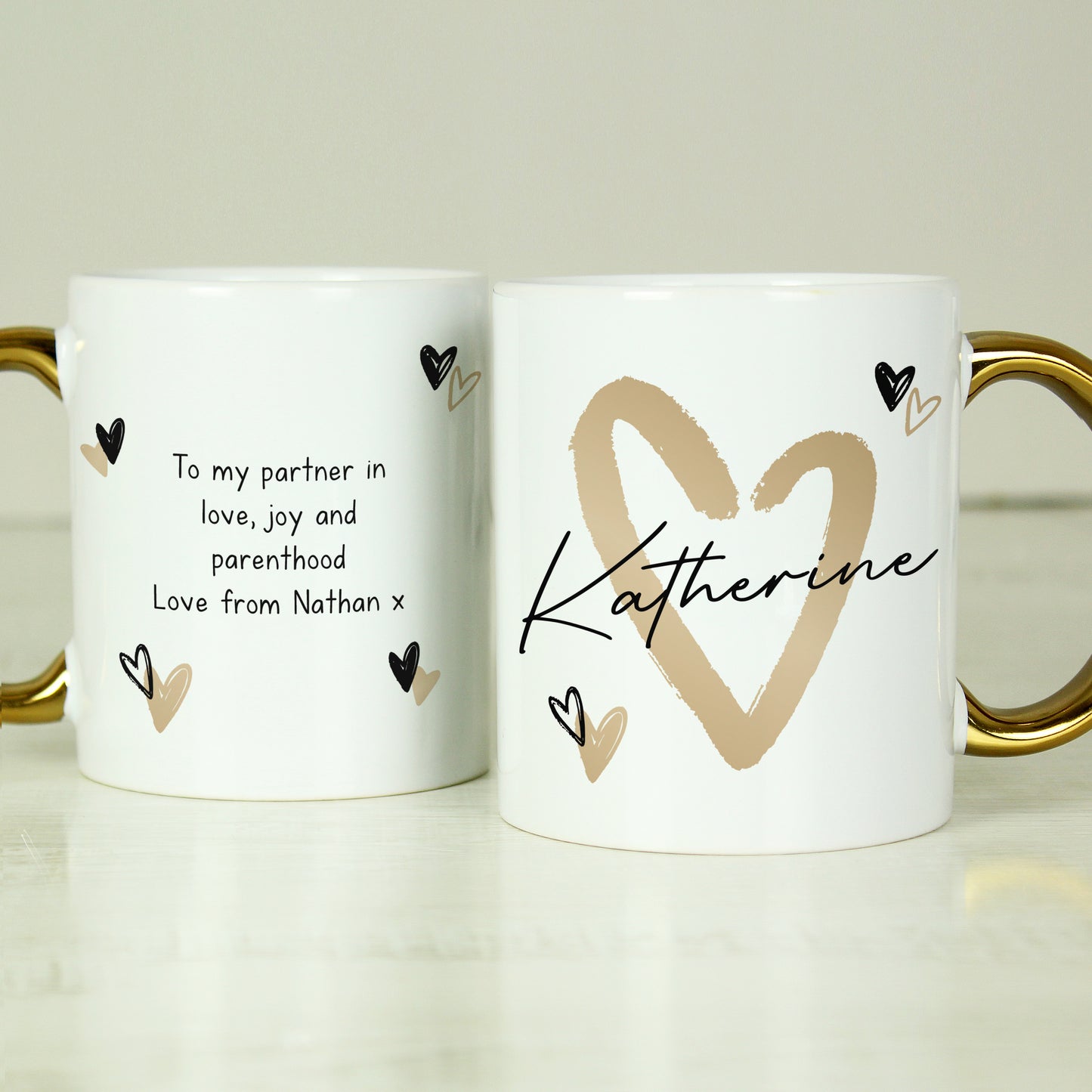 Personalised Hearts Gold Handled Mug - MK&JD Gifts