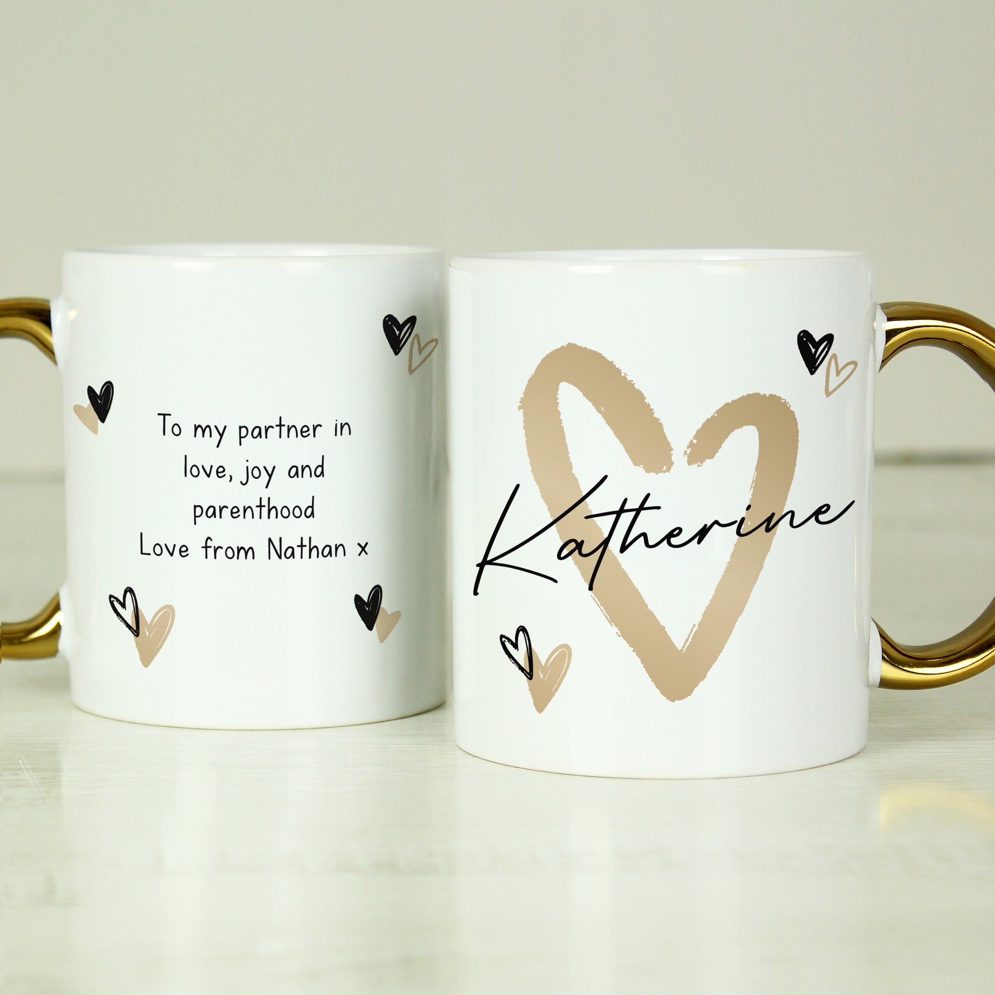 Personalised Hearts Gold Handled Mug - MK&JD Gifts