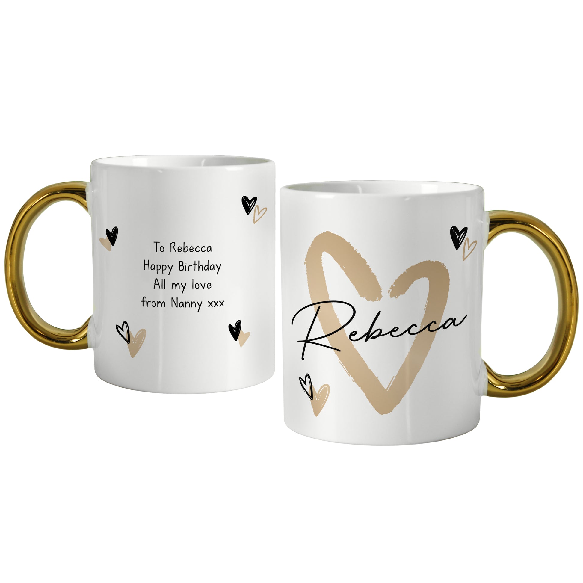 Personalised Hearts Gold Handled Mug - MK&JD Gifts