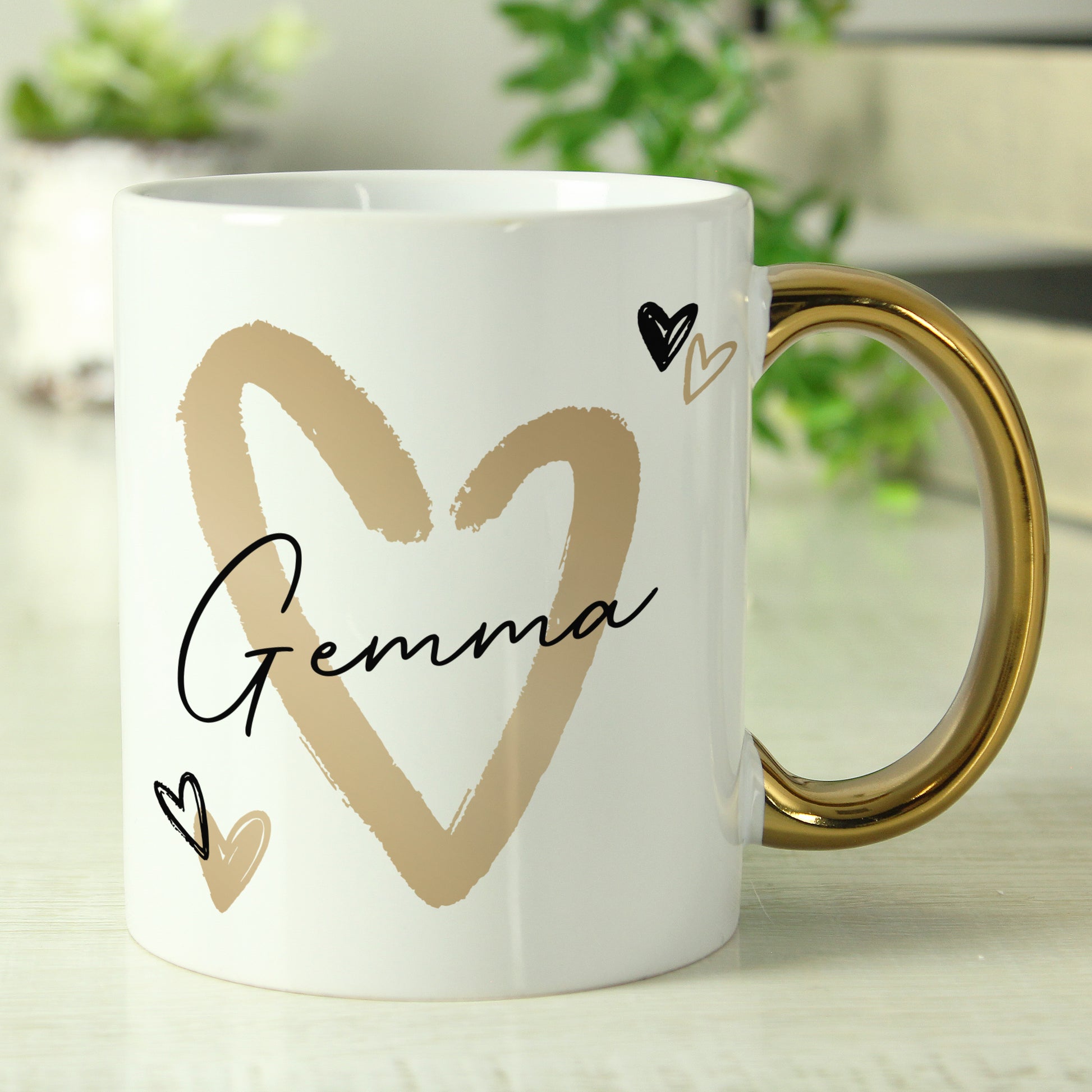 Personalised Hearts Gold Handled Mug - MK&JD Gifts