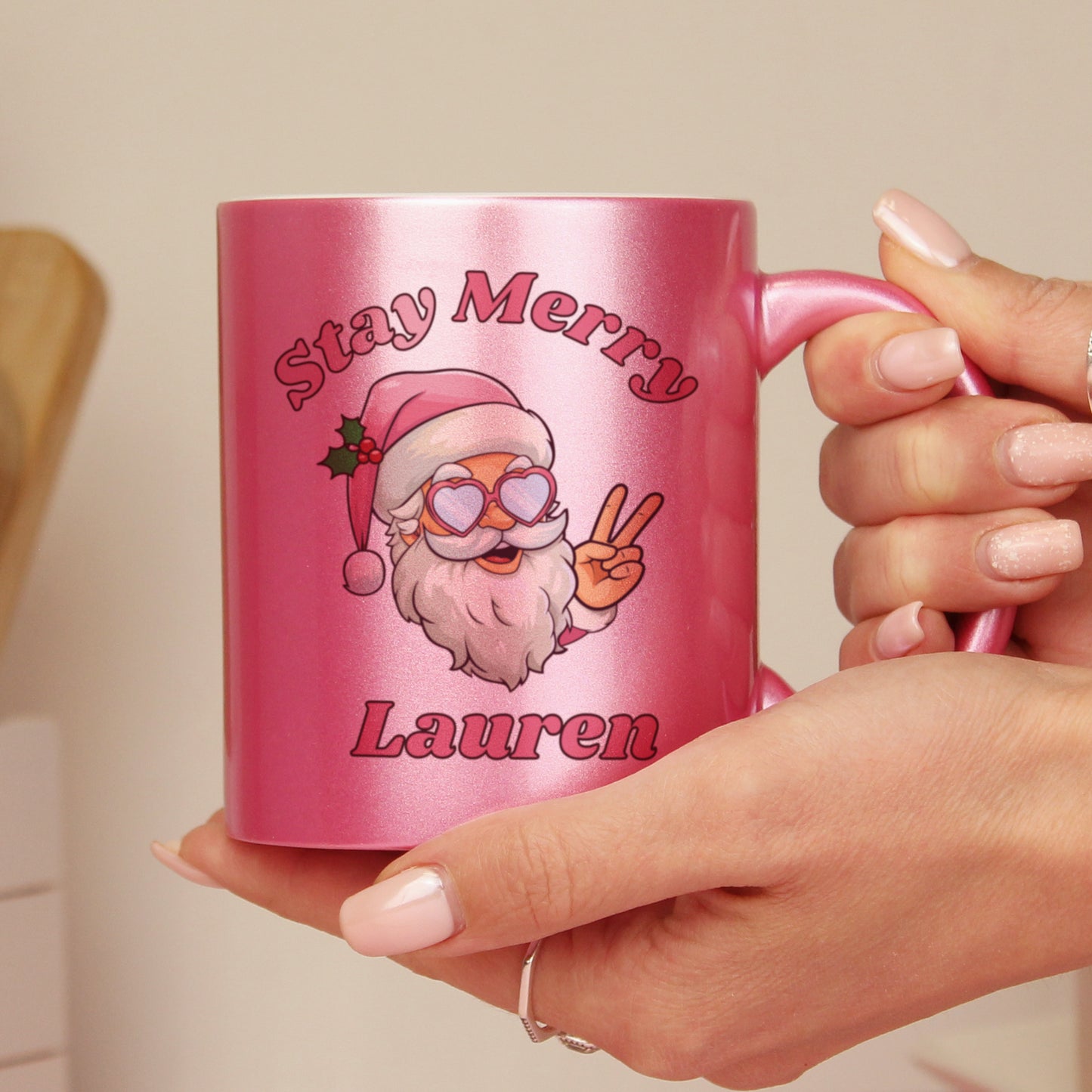 Personalised Stay Merry Santa Pink Mug - MK&JD Gifts