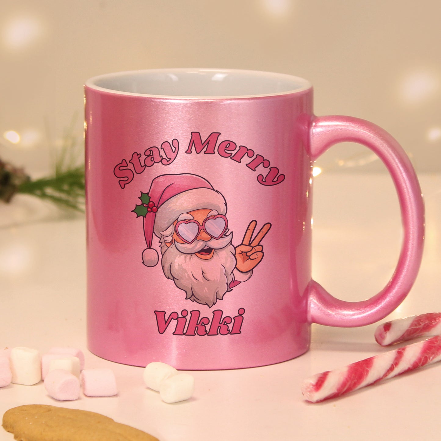 Personalised Stay Merry Santa Pink Mug - MK&JD Gifts