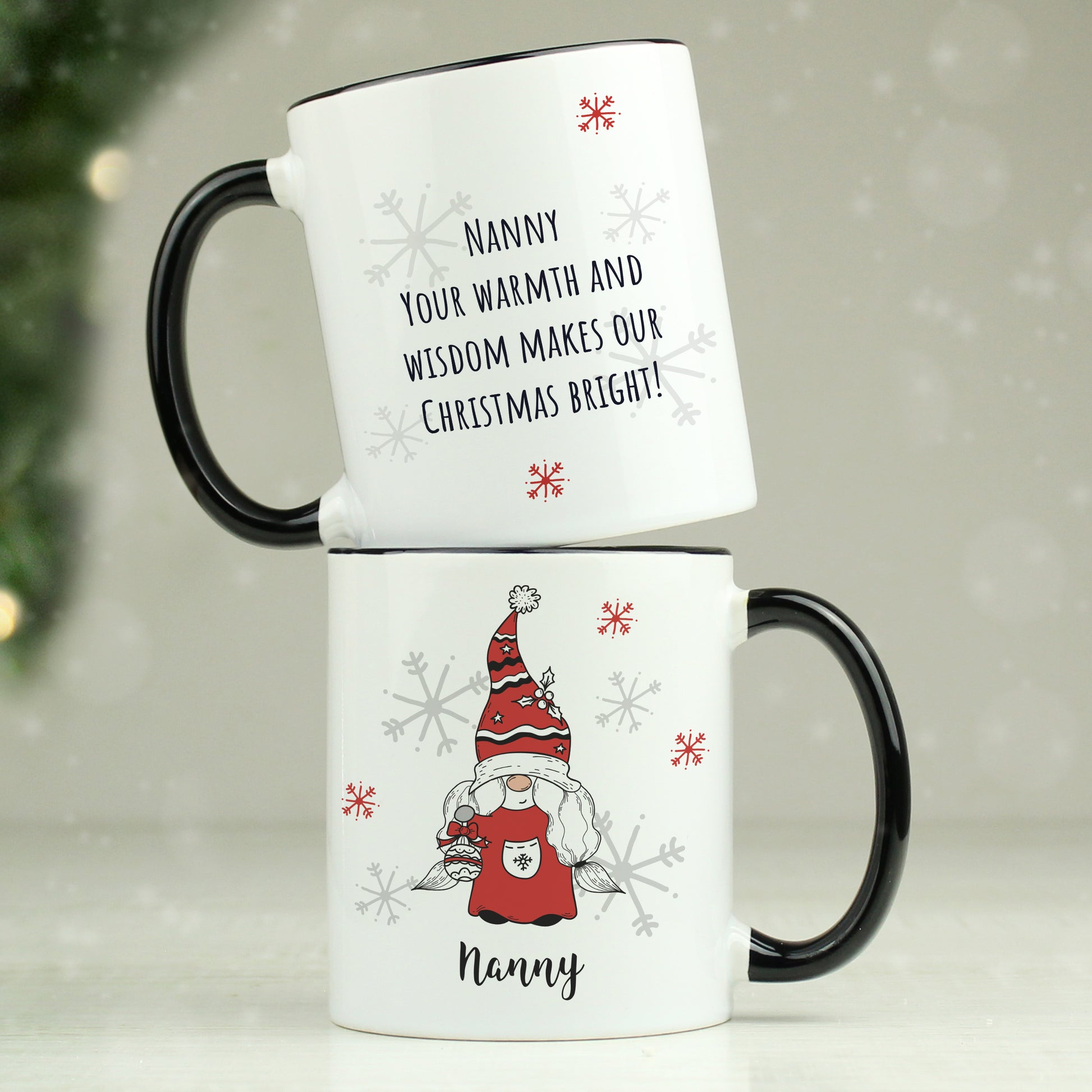 Personalised Gonk Family Black Handled Christmas Mug - Female - MK&JD Gifts